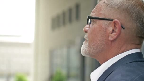 Portret van een oudere man met een grijze baard in een zakenpak kijkend in de verte. — Stockvideo