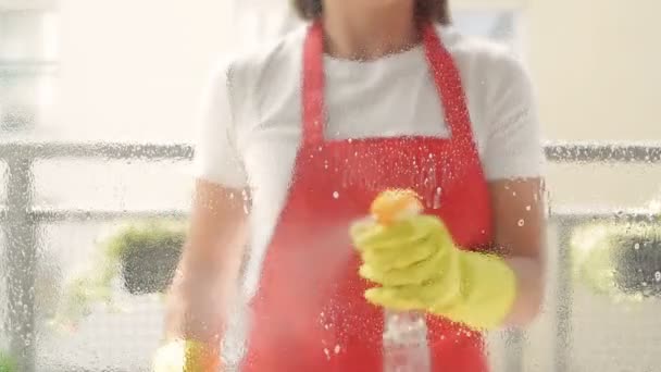 Уборщик или домохозяйка моет окна моющим средством и скребком для мытья окон. — стоковое видео