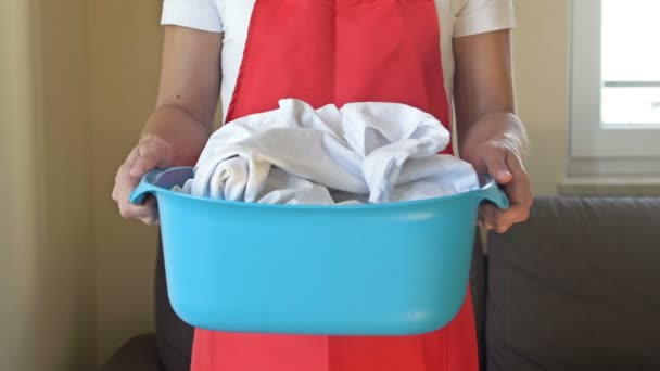 De huisvrouw maakt zich klaar om delicate items te wassen. De vrouw houdt een waskom vast.. — Stockvideo