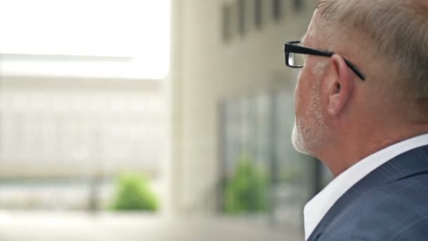 Retrato de um homem idoso com uma barba cinza em um terno de negócios olhando para a distância. — Vídeo de Stock