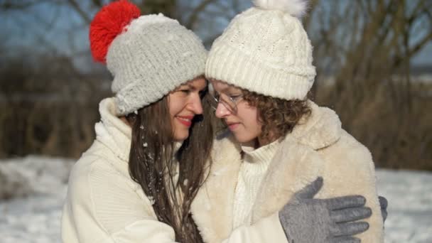 Anya és egy felnőtt lány vagy két barátnő szeretettel néznek egymásra egy téli nap hátterében.. — Stock videók