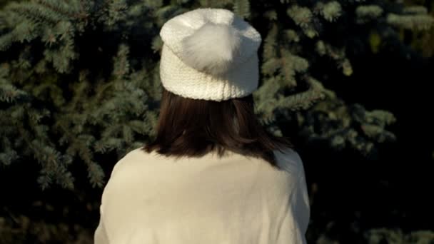 Retrato de una joven risueña sobre un fondo de abeto verde. La mujer lleva un suéter blanco, sombrero de punto blanco y manoplas grises. — Vídeos de Stock