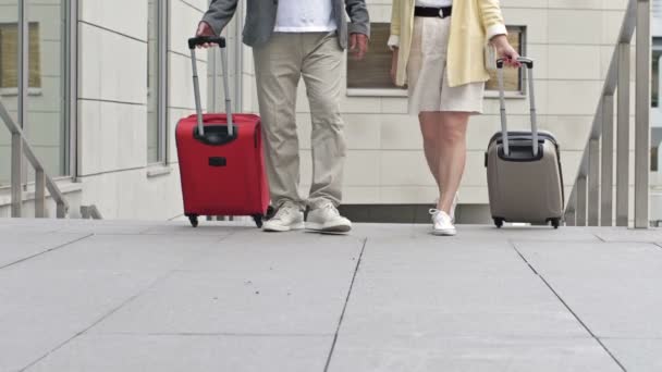 Koppel met koffers die over de luchthaven of het treinstation lopen. — Stockvideo