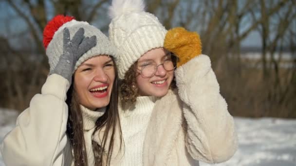 Young woman and her teenage daughter are having fun on a winter walk. Sunny day, family vacation. — Stock videók