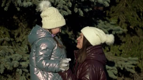 Young woman and her daughter, 7-8 years old, look at each other with love and tenderness. On a walk in the winter forest. — Stock video