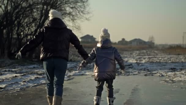 Young woman with her daughter 7-8 years old glide cheerfully on the ice of a frozen lake. Rear view. — Stockvideo