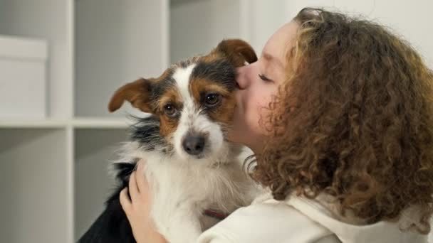Adolescente chica sostiene su amado perro en sus brazos. Ella abraza y besa a su mascota. — Vídeo de stock