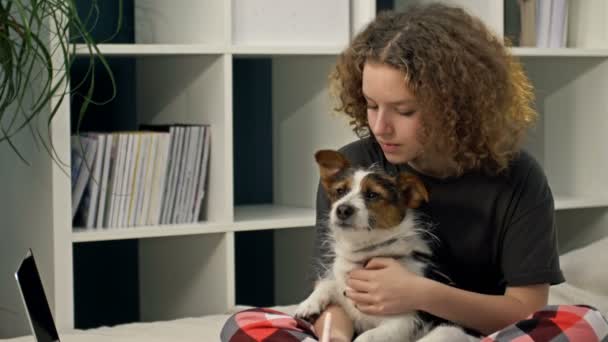 Aprendizaje a distancia durante COVID-19. Adolescente haciendo deberes sentada en la cama con una computadora. Ella sostiene a su amado perro en sus brazos, abraza y besa a su mascota. — Vídeos de Stock