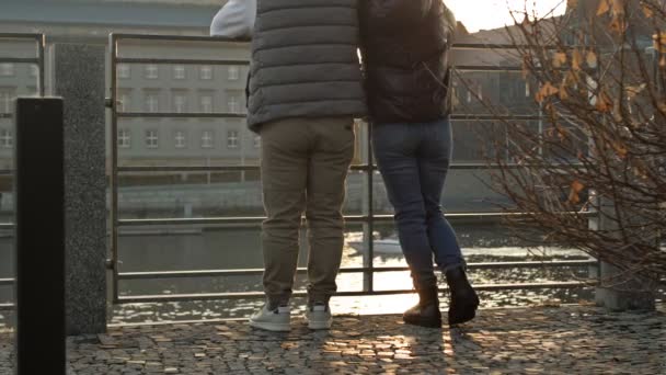 L'uomo e una donna stanno alla ringhiera metallica sul terrapieno e ammirano la vista del fiume e della città. Vista posteriore. — Video Stock