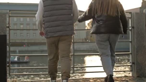 Il ragazzo e la ragazza si avvicinarono alla ringhiera metallica sul terrapieno per ammirare la vista del fiume e della città. Vista posteriore. — Video Stock