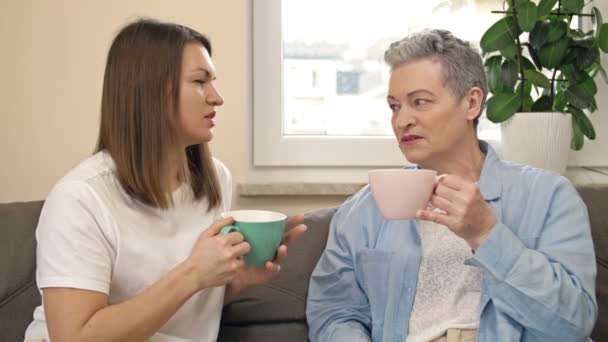 Vrolijke vrouwen van verschillende leeftijden drinken thee of koffie terwijl ze op de bank in de woonkamer zitten en hebben een aangenaam gesprek. Oudere moeder en volwassen dochter. Moederdag. — Stockvideo