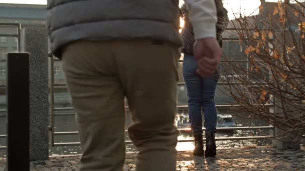 Man approaches a woman standing at the metal railing on the embankment. Date. Both admire the view of the river and the city. Back view. — Stock Video