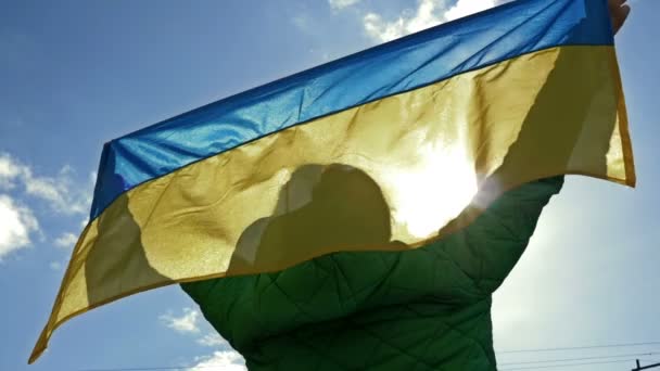 Donna tiene una bandiera sventolante dell'Ucraina contro un cielo blu. — Video Stock