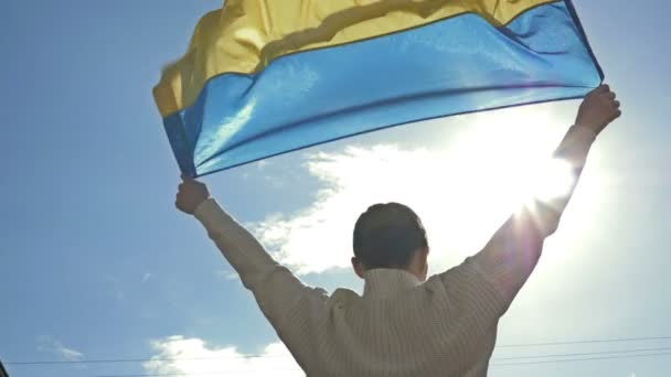 Woman Holds Waving Flag Ukraine Blue Sky — 비디오