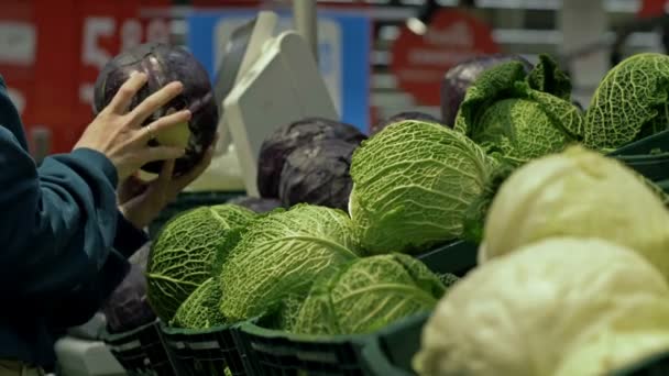 Young woman buys Savoy cabbage at a grocery market or supermarket. — стоковое видео