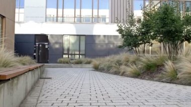 Bir ilkokul öğrencisi aceleyle okula gider. At kuyruklu ve sırt çantalı küçük bir kız okul binasının arka planında koşuyor. HD.