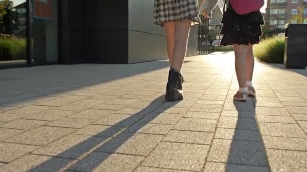 Two Schoolgirls Different Ages School Holding Hands Older Sister Helps — Stock Video