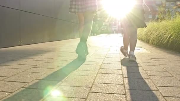 Sırt Çantalı Farklı Yaşlarda Iki Kız Öğrenci Ele Tutuşarak Okuldan — Stok video