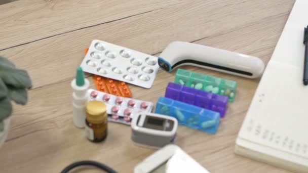 Bedside Table Sick Person Various Medicines Devices Necessary Sick Person — Stock Video