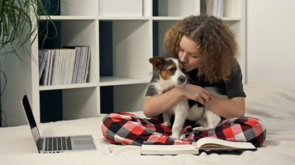 Distance Learning Teenage Girl Doing Homework Sitting Bed Computer She — Stock Video