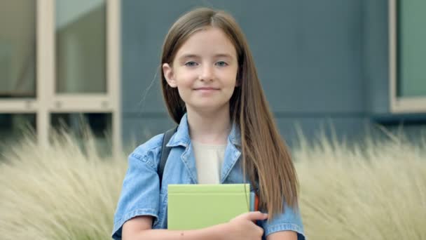 Cute Smiling Schoolgirl Standing School Yard Back School Education Concept — Video Stock