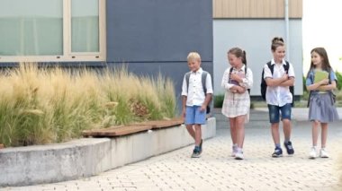Four elementary school students, two boys and two girls, are walking around the school yard. The children are talking animatedly. Back to school. HD.