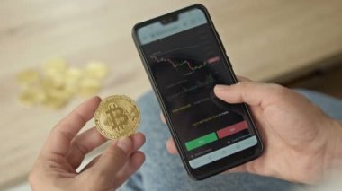 Bitcoin coin and calculator in human hands. Bitcoin price chart. 4K.