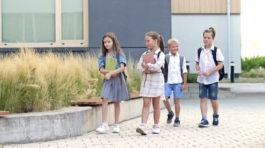 Four elementary school students, two boys and two girls, are walking around the school yard. The children are talking animatedly. Back to school. HD.