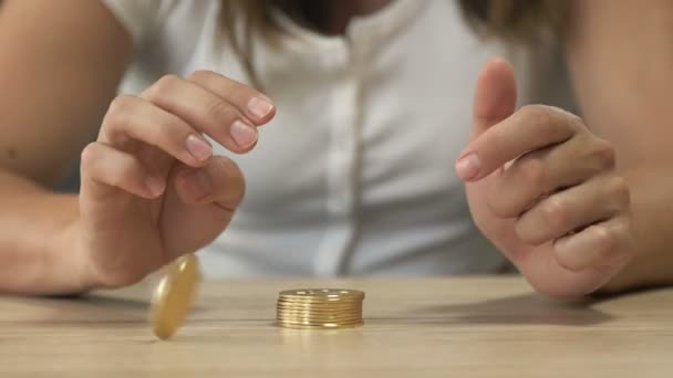 Womens Hands Playing Stack Bitcoins — Stockvideo