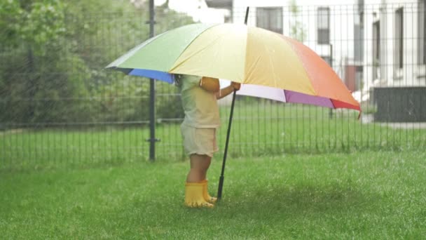 Kleines Mädchen Gelben Gummistiefeln Unter Einem Großen Bunten Regenschirm Inmitten — Stockvideo