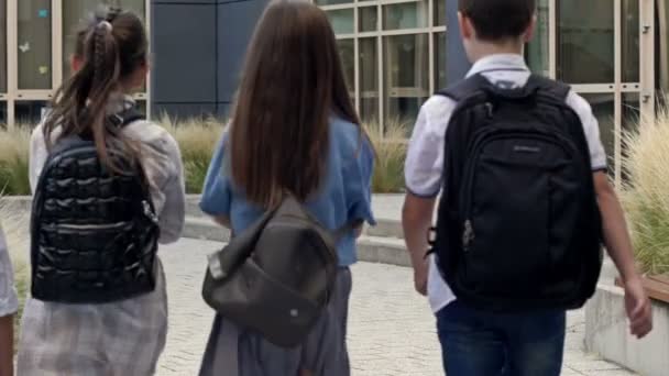 Четыре Первоклассника Два Мальчика Две Девочки Подходят Зданию Школы Возвращайся — стоковое видео