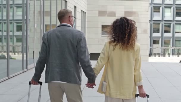空港や交通機関のターミナルで旅行する前に スーツケースと一緒に歩く成熟したカップルの後部ビュー — ストック動画