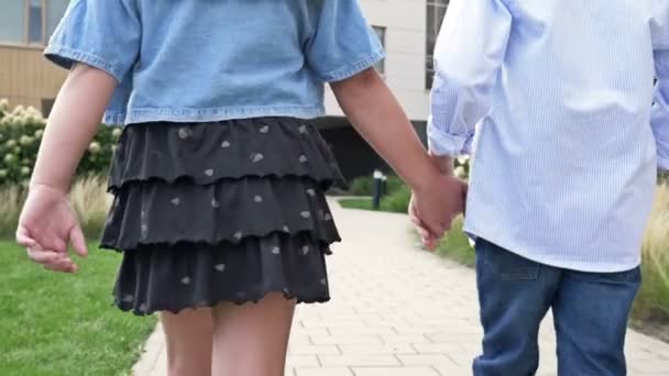 男の子と女の子 小学生が手を取り合って校庭を歩いていく 学校の友情 バックビュー — ストック動画