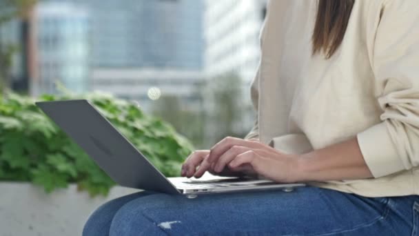 Las Manos Femeninas Portátil Los Tipos Mujer Teclado Sentado Parque — Vídeos de Stock