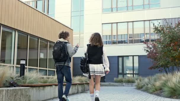 Dos Estudiantes Secundaria Niño Una Niña Van Clase Los Adolescentes — Vídeos de Stock