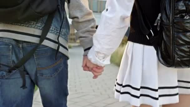 Szerelembe Esni Főiskolán Egy Fiú Egy Lány Középiskolások Sétálnak Iskola — Stock videók