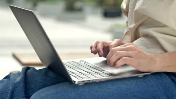 Female Hands Laptop Woman Types Keyboard Sitting Park Working Freelance — Stock Video