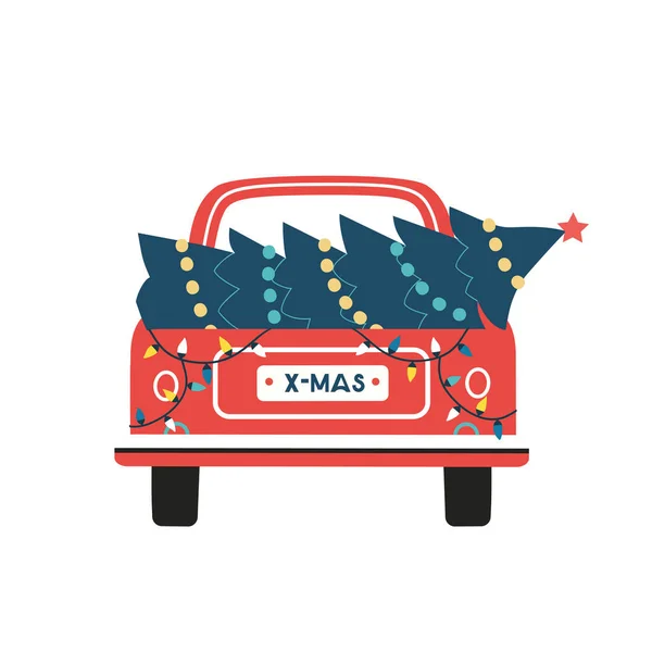圣诞树皮卡运送媒介图标 寒假背景 可爱的红色卡车运输圣诞树卡通画 庆祝新年欢庆活动的树彩横幅 — 图库矢量图片