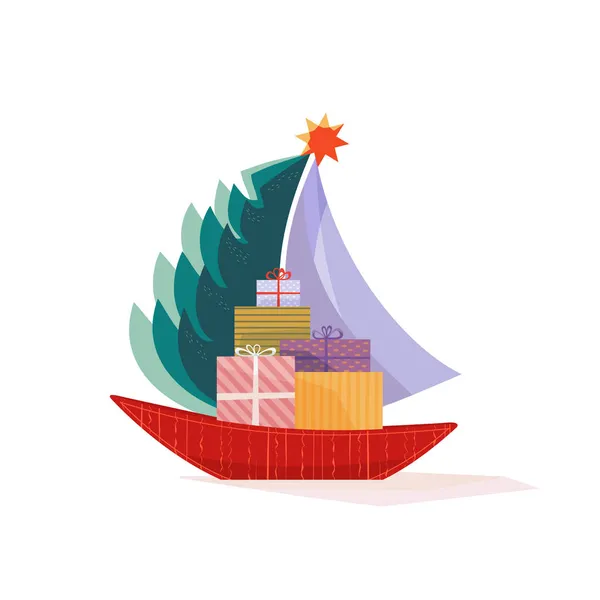 Boże Narodzenie żaglówka z prezentami ładny wektor ikona — Wektor stockowy