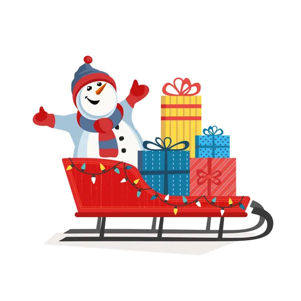 Snowman and Christmas gift in Santa sleigh icon - Stok Vektor