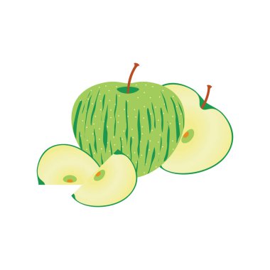 Yeşil elma bütün ve dilimlenmiş düz vektör simgesi