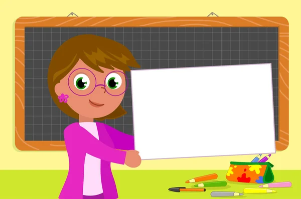 Cartoon Cute Teacher Holding Blank Paper Classroom Blackboard Vector Illustration — Stock Vector