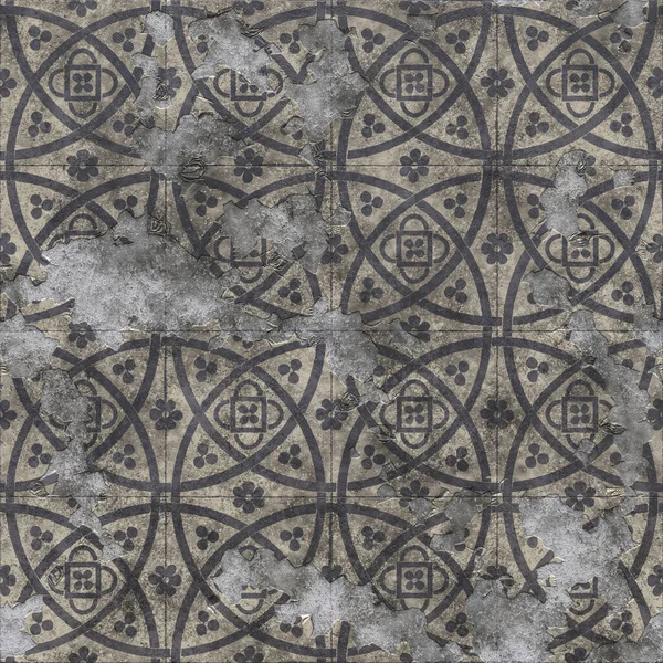 Ceramic tile with vintage pattern. Worn and worn gray tile background with decorative elements. Tuscan or Italian style. 3D-rendering — Fotografia de Stock