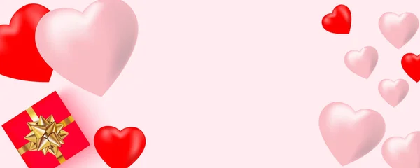 Bannière joyeuse Saint-Valentin avec des cœurs, boîte cadeau sur fond rose. Carte Saint-Valentin. — Image vectorielle