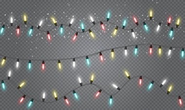 Şeffaf bir arka planda tatil çelengi. Noel ışıkları.