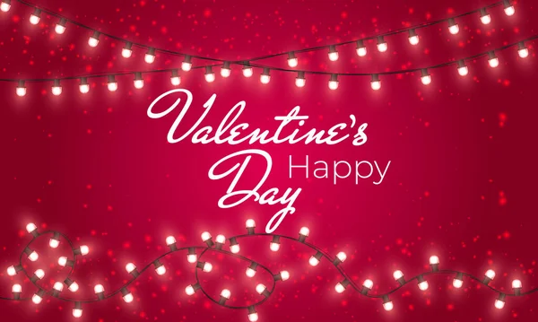 Bannière joyeuse Saint-Valentin avec guirlande de lumières brillantes, ampoules sur fond rose. Carte Saint-Valentin. — Image vectorielle