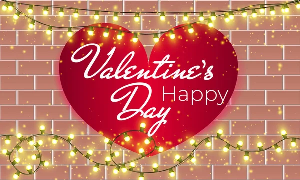 San Valentino sfondo con cuore rosso, lucente ghirlanda luci, lampadine. Buon San Valentino striscione. Sfondo vacanza. — Vettoriale Stock
