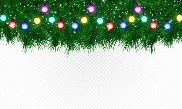 Χριστουγεννιάτικα κλαδιά δέντρων με γιρλάντα διακοπών απομονωμένη σε διαφανές φόντο. — Διανυσματικό Αρχείο
