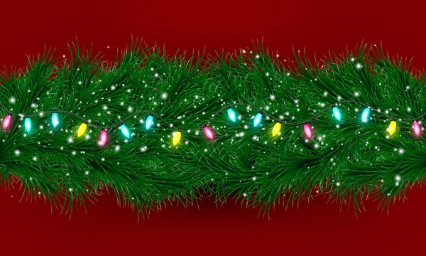 Wesołych Świąt kartka z życzeniami. gałęzie choinki z świąteczną girlandą. Światła świąteczne. — Wektor stockowy