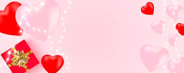 輝くライトガーランド、電球、ハート、ピンクの背景にギフトボックス付きハッピーバレンタインデーバナー. — ストックベクタ